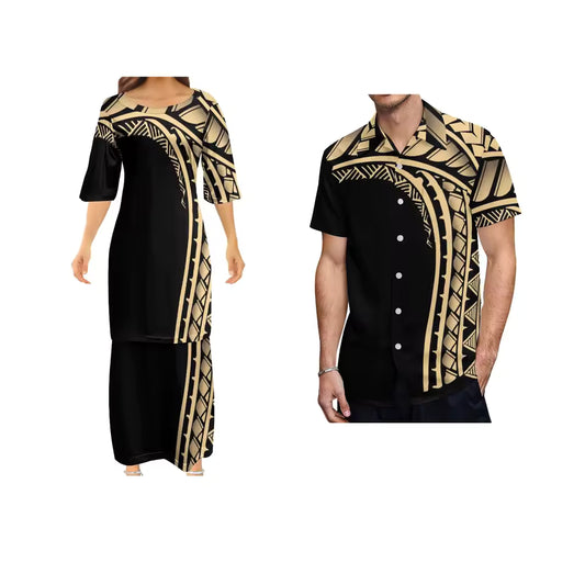 Polynesian Tribal Pattern Black Couple Matching Outfit Shirts for Men Puletasi Traditional Dress Couple Set