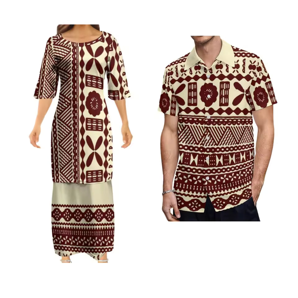 Polynesian Tribe Samoa Print Custom Ladies Elegant Puletasi And Hawaiian Shirt Couple Set