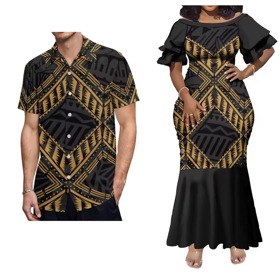 Black Pacific Island Polynesian Tribal Pattern Matching Outfit For Him Her Women'S Short-Sleeved Mermaid Dress Party Men Shirt Couple Set