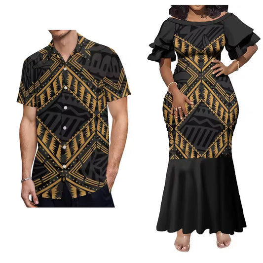 Black Pacific Island Polynesian Tribal Pattern Matching Outfit For Him Her Women'S Short-Sleeved Mermaid Dress Party Men Shirt Couple Set