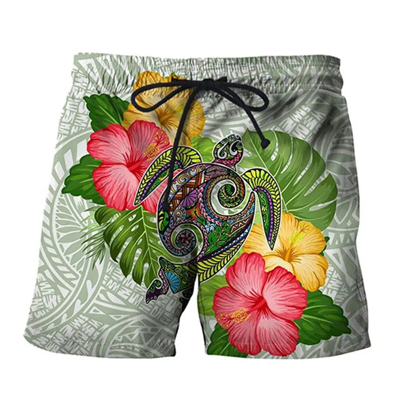 Sea Turtle Short Pants For Men Floral Leaf Plant Pattern American Samoa Hibiscus Flowers Men Short