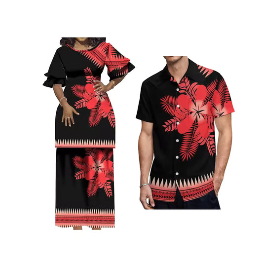 Polynesian Tropical Leaf Pattern Red Couple Matching Outfit Crewneck Casual Island Puletasi Double layer Horn Sleeve Dress and Hawaii Shirt