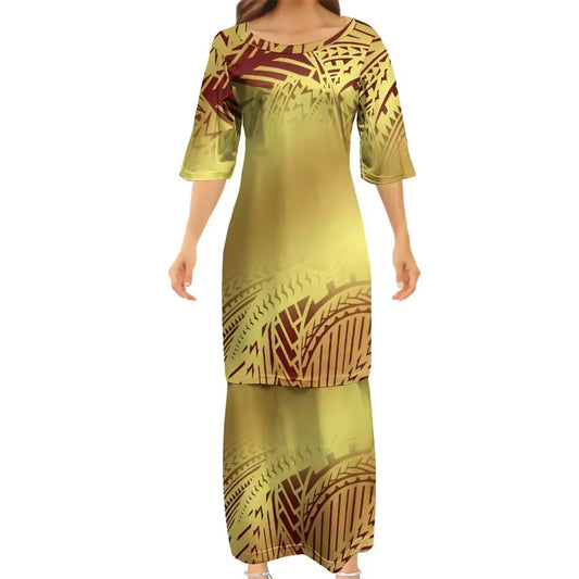 Yellow Polynesian Tribe Pattern Print Women'S Clothing Samoa Puletasi And Hawaiian Shirt Couple Set