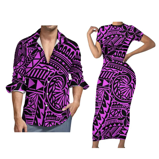 Polynesian Purple Pattern Matching Outfit For Couples Tight Short Sleeve Dress Style Men Long Sleeve Shirt