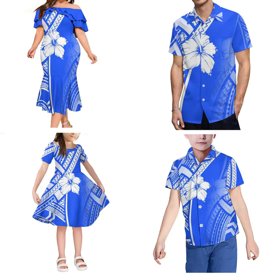 Matching Outfit For Family Hawaii Ethnic Style Dress Polynesian Hibiscus Flower Pattern Ruffled Long Dress And Hawaiian Shirt For Him