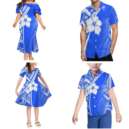 Matching Outfit For Family Hawaii Ethnic Style Dress Polynesian Hibiscus Flower Pattern Ruffled Long Dress And Hawaiian Shirt For Him