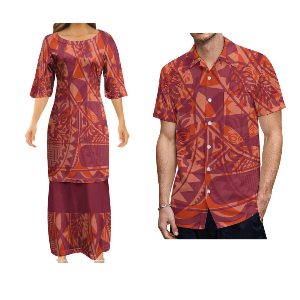 Samoan Polynesian Tribal Pattern Matching Outfit For Couple Red Polynesian Puletasi Dress And Hawaiian Shirts Couple Set For Her Him
