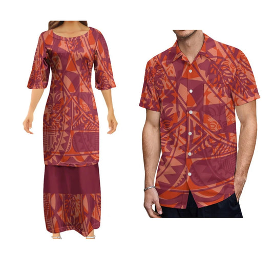 Samoan Polynesian Tribal Pattern Matching Outfit For Couple Red Polynesian Puletasi Dress And Hawaiian Shirts Couple Set For Her Him