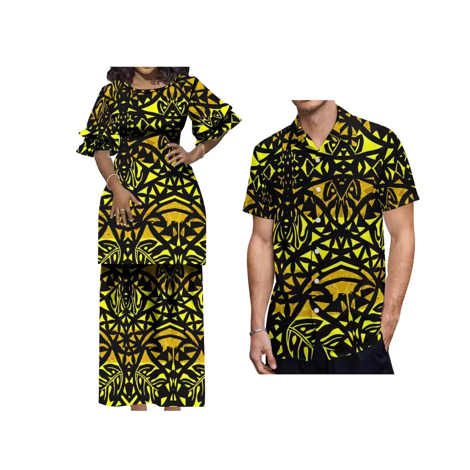 Polynesian Tribal Printed Yellow Matching Outfit For Her Him Polynesian Tribal Crewneck Casual Island Puletasi Double layer Horn Sleeve Dress and Hawaii Shirt