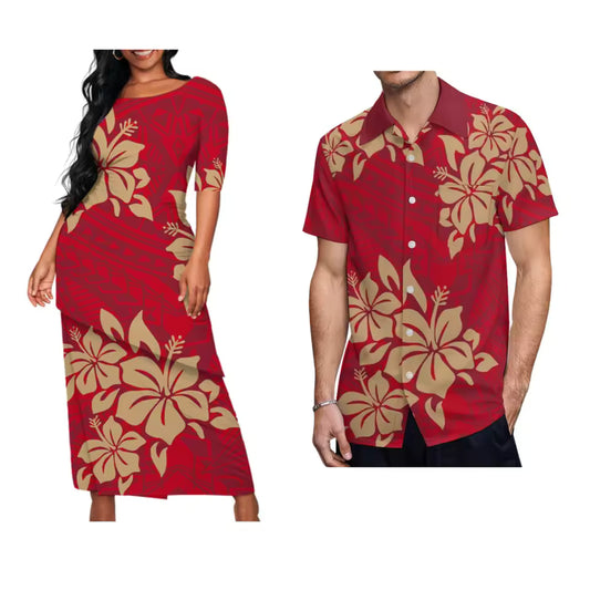 Red Flowers Polynesian Island Pattern Matching Outfit For Couple Traditional Puletasi Dress And Hawaiian Shirts Party Couple Set For Her Him