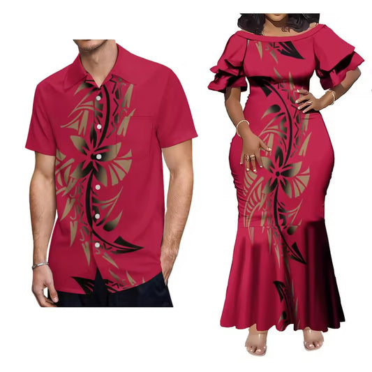 Polynesian Tribal Red Island Outfit Couple For Her Him Short Sleeve Mermaid Long Dress And Hawaii Shirt Matching Outfit For Couple