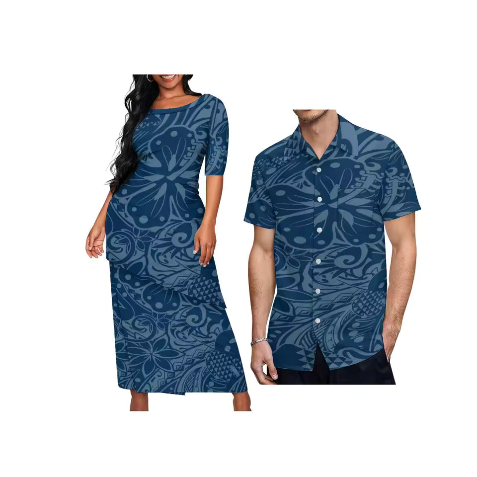 Polynesian Tribal Hibiscus Flowers Pattern Couple Matching Outfit For Her Him Printed Samoa Puletasi Dress Two-Piece Suit With Men's Shirt Outfit Set
