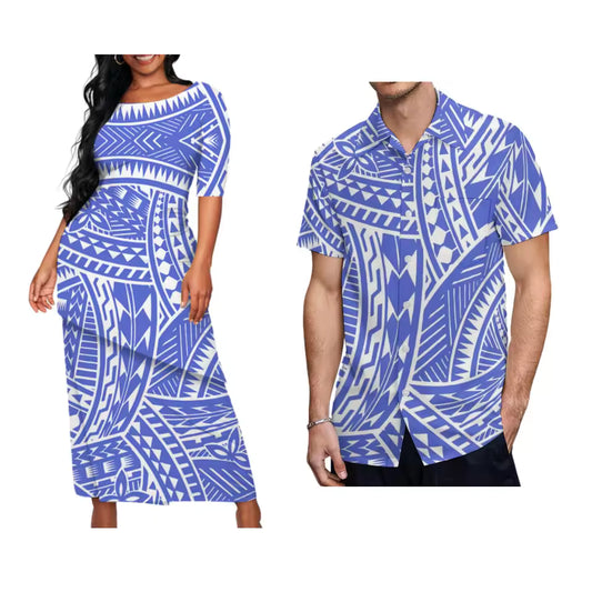 Blue Polynesian Tribal Pattern Printed Couple Matching Outfit Samoa Puletasi Dress Two-Piece Suit With Men's Shirt Matching Set
