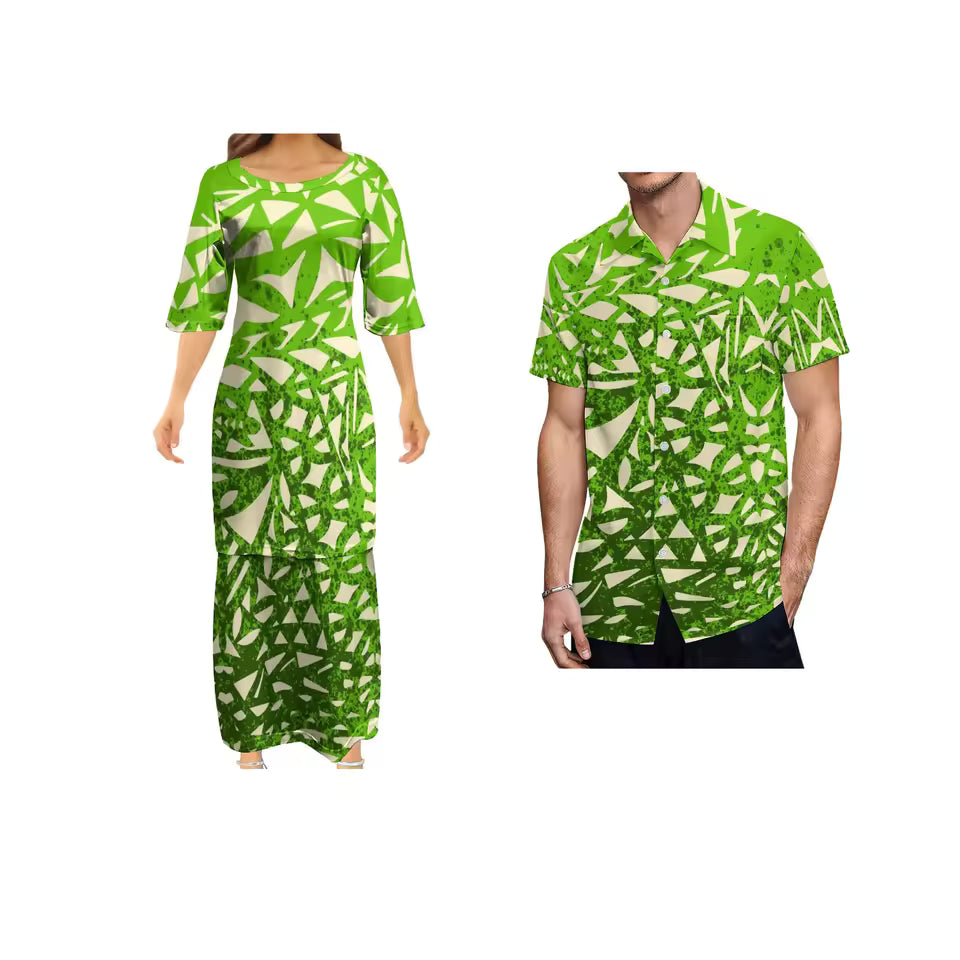 Polynesian Pattern Couple Matching Outfit Shirts for Men Puletasi Traditional Dress Couple Set