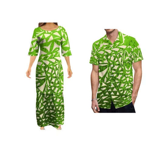 Polynesian Pattern Couple Matching Outfit Shirts for Men Puletasi Traditional Dress Couple Set