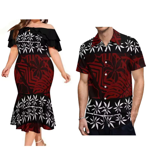 Polynesian Tribal Black Pattern Couple Matching Outfit For Family Flowers Dress Polynesian Ruffled Dress And Hawaiian Shirt For Him