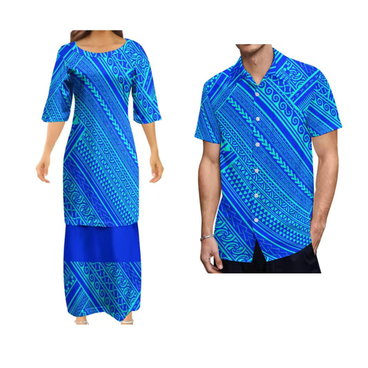 Polynesian Tribe Blue Pattern Matching Outfit For Couple Ladies Elegant Puletasi Dress For Her And Hawaiian Shirt