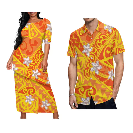 Polynesian Tribal Pattern Printed Couple Matching Outfit Samoa Puletasi Dress Two-Piece Suit With Men's Shirt Matching Set