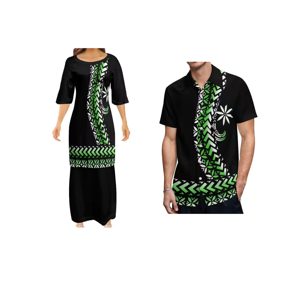 Polynesian Pattern Black Curve Style Couple Matching Outfit Shirts for Men Puletasi Traditional Dress Couple Set