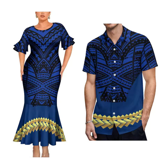 Polynesian Pattern Blue Matching Outfit For Couple Polynesian Tribal Printed Short Sleeve Mermaid Long Dress And Hawaiian Shirt Couple Set