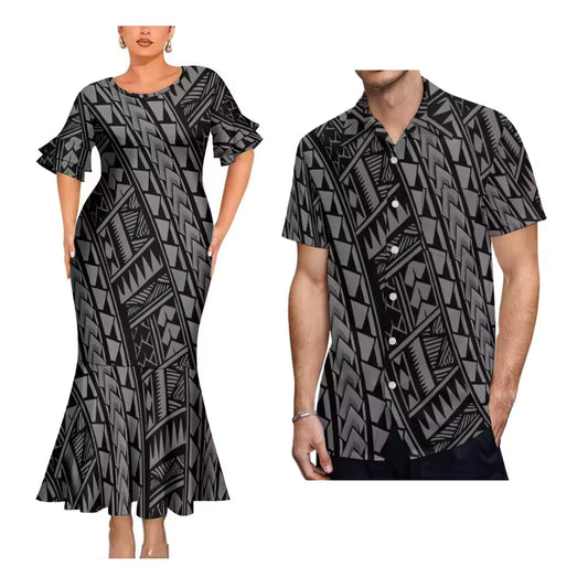 Island Style Matching Outfit For Couple Polynesian Tribal Printed Black Short Sleeve Mermaid Long Dress And Hawaiian Shirt