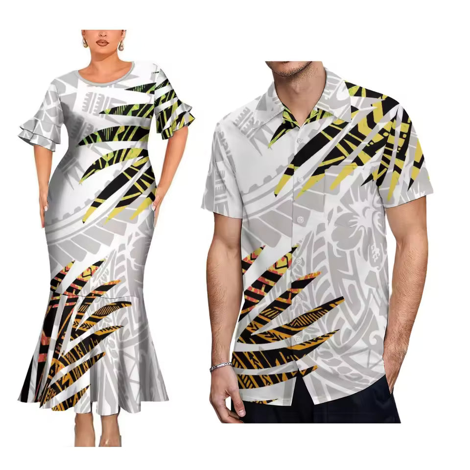 Island Style Matching Outfit For Couple Polynesian Printed White Short Sleeve Mermaid Long Dress And Hawaiian Shir