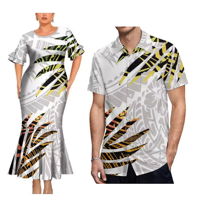Island Style Matching Outfit For Couple Polynesian Printed White Short Sleeve Mermaid Long Dress And Hawaiian Shir