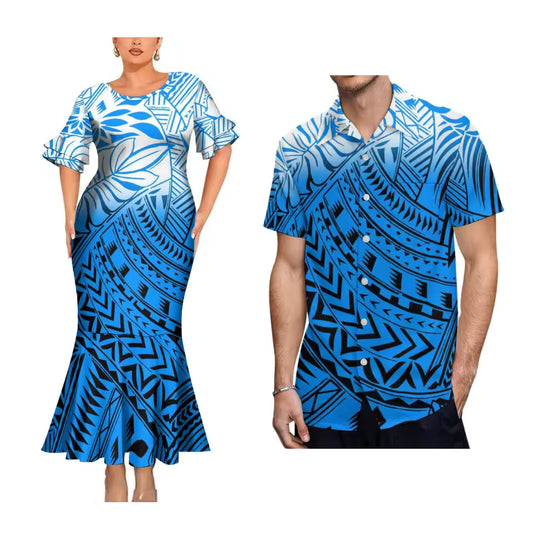 Blue Polynesian Pattern Matching Outfit For Couple Polynesian Tribal Printed Short Sleeve Mermaid Long Dress And Hawaiian Shirt