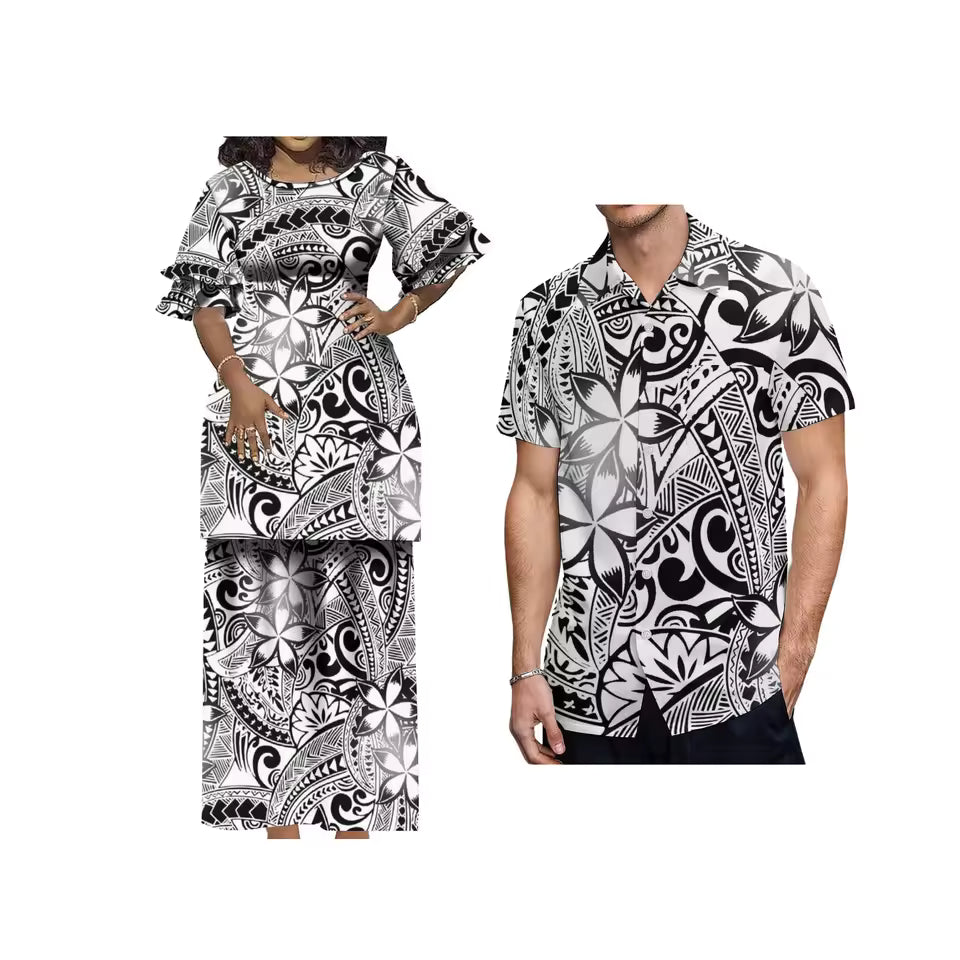 Polynesian Tribal Pattern White Couple Matching Outfit Crewneck Casual Island Puletasi Double layer Horn Sleeve Dress and Hawaii Shirt