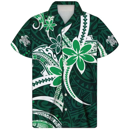 Polynesian Tribal Printed Hawaiian Shirt Plumeria Pattern Men's Casual Short Sleeve Summer Shirt
