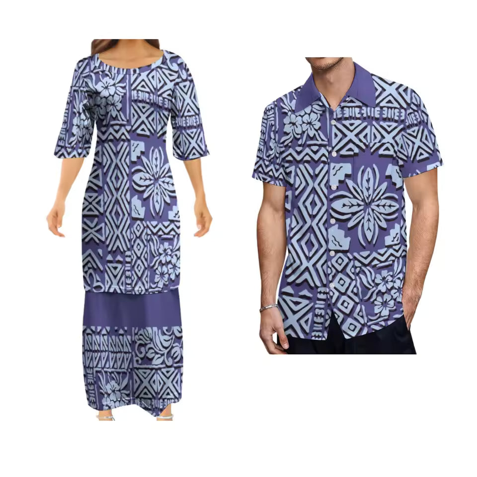 Polynesian Tribe Pattern Blue Matching Outfit For Couple Ladies Elegant Puletasi Dress For Her And Hawaiian Shirt Couple Set