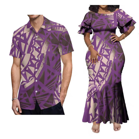 Polynesian Tribal Pattern Purple Outfit Couple For Her Him Short Sleeve Mermaid Long Dress And Hawaii Shirt Matching Outfit For Couple