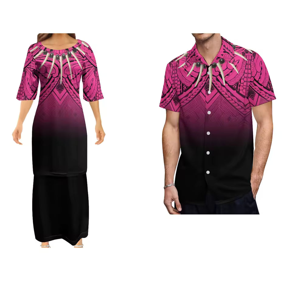 Samoan Necklace Ula Nifo Polynesian Pattern Pink Matching Outfit For Couple Polynesian Puletasi Dress And Hawaiian Shirts Couple Set