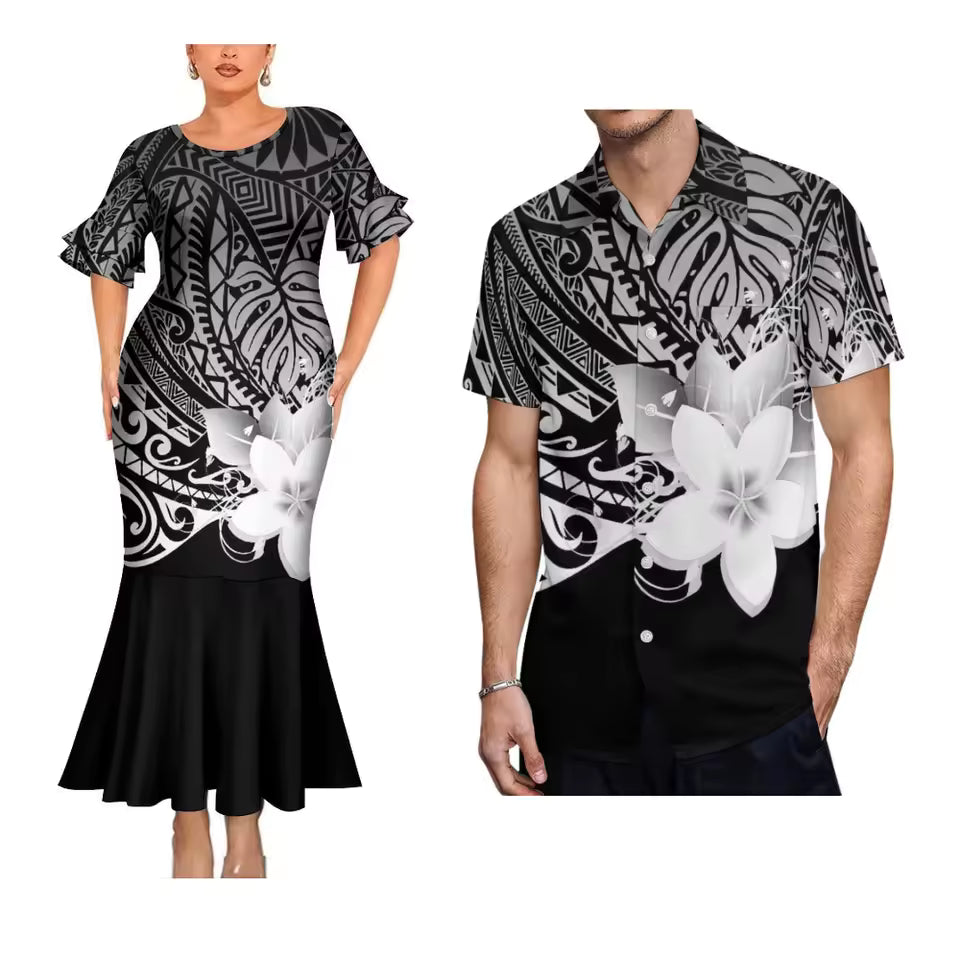 Polynesian Printed Flower Pattern Couple Outfit Polynesian Black Women's Short-Sleeved Dress Party Hawaiian Shirt For Men