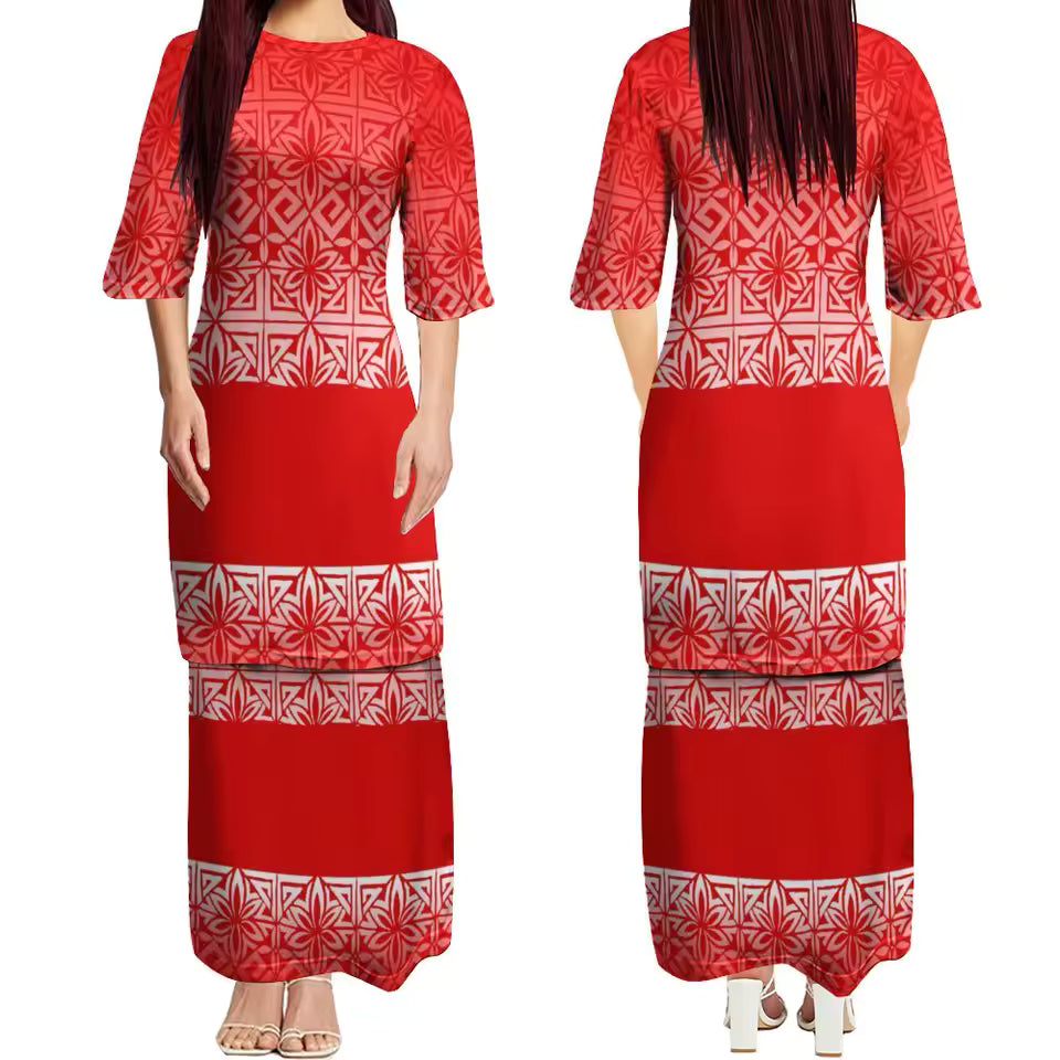 Island Art Red Matching Outfit For Couple Polynesian Tribal Pattern Dress Summer Puletasi Elegant Set Dress And Hawaiian Shirt Party Dress