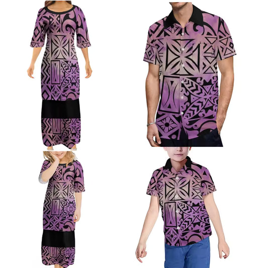 Polynesian Tribal Pattern Printed Family Outfit Women's Puletasi Men'S Shirt Adult Children Tropical Matching Set For Family Clothing