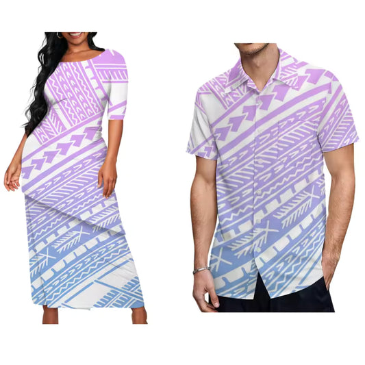 Polynesian Tribal Pattern Printed Couple Set Island Puletasi Dress Two-Piece Suit With Men's Shirt Blue Matching Outfit For Couple