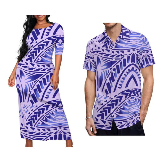 Polynesian Tribal Pattern Printed Couple Matching Outfit Purple Samoa Puletasi Dress Two-Piece Suit With Men's Shirt Matching Set