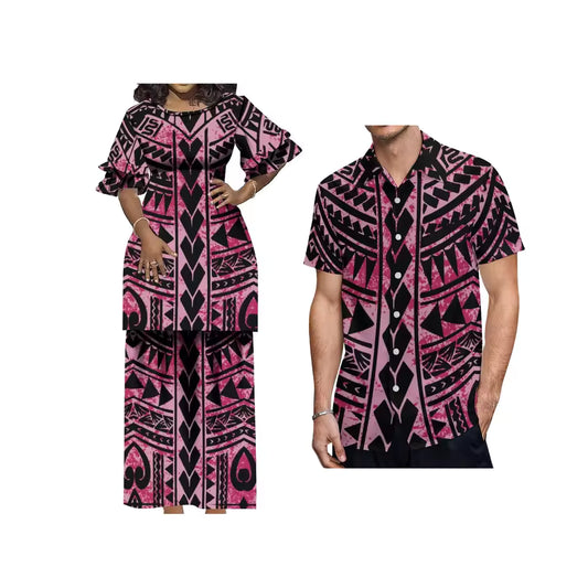 Polynesian Tribal Pattern Printed Couple Matching Outfit Crewneck Casual Island Puletasi Double layer Horn Sleeve Dress and Hawaii Shirt