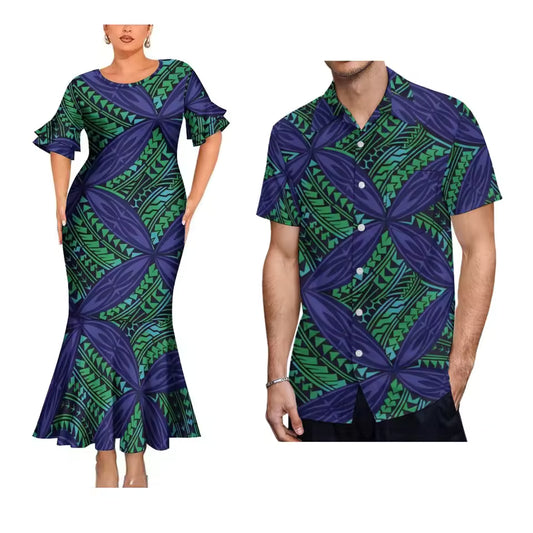 Polynesian Pattern Printed Couple Outfit Polynesian Women's Short-Sleeved Dress Party Hawaiian Shirt For Men