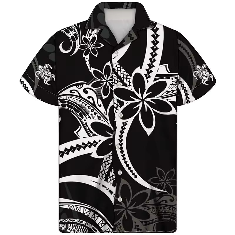 Polynesian Tribal Printed Hawaiian Shirt Plumeria Pattern Men's Casual Short Sleeve Summer Shirt