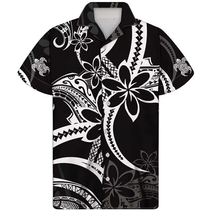Polynesian Tribal Printed Hawaiian Shirt Plumeria Pattern Men's Casual Short Sleeve Summer Shirt