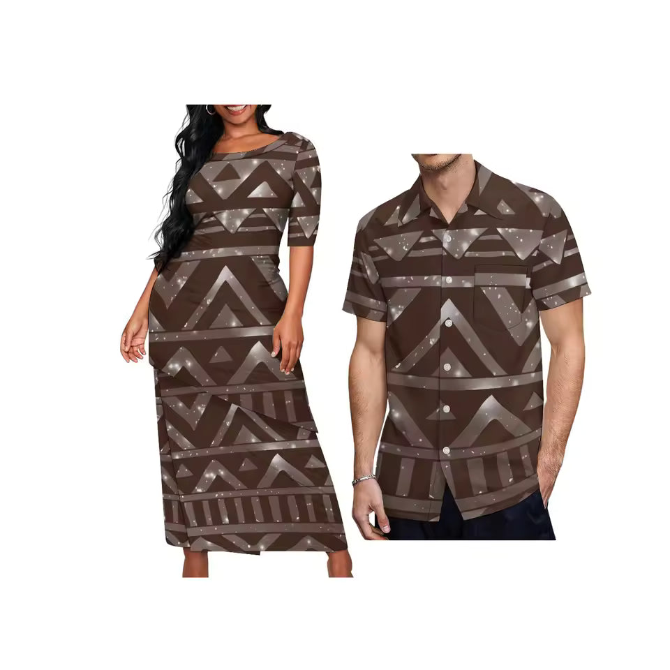 Polynesian Tribal Pattern Brown Couple Matching Outfit For Her Him Printed Samoa Puletasi Dress Two-Piece Suit With Men's Shirt Outfit Set