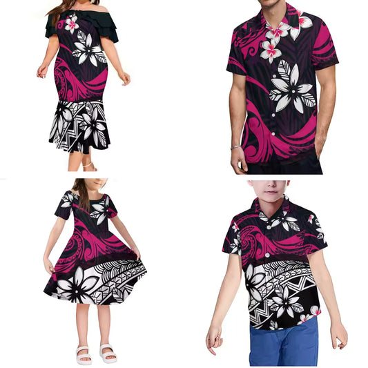 Flowers Polynesian Pattern Matching Outfit For Family Hawaii Ethnic Style Dress Ruffled Long Dress And Hawaiian Shirt For Him