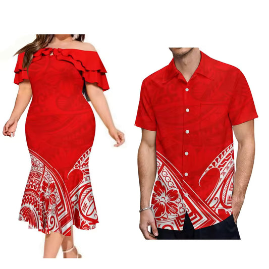 Polynesian Tribal Red Pattern Couple Matching Outfit For Family Dress Polynesian Ruffled Dress And Hawaiian Shirt For Him