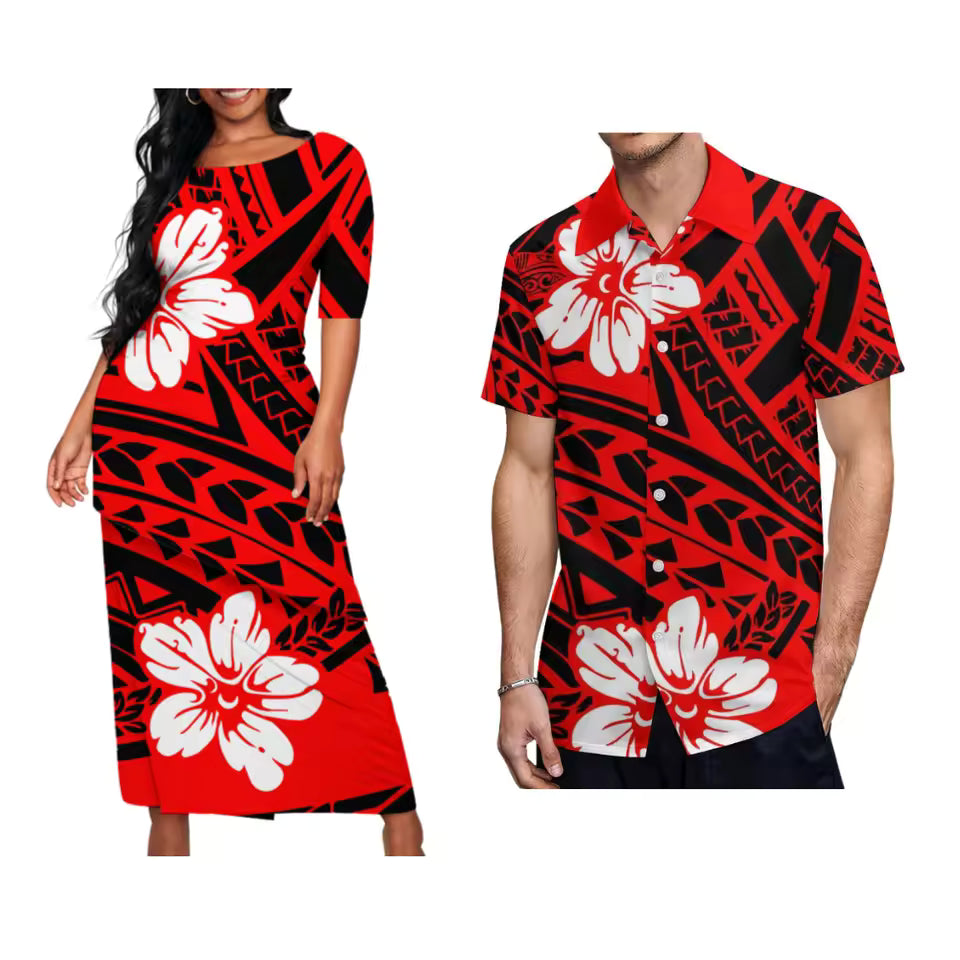 Hibiscus Flowers Polynesian Tribal Pattern Matching Outfit For Couple Traditional Puletasi Dress And Hawaiian Shirts Party Couple Set For Her Him