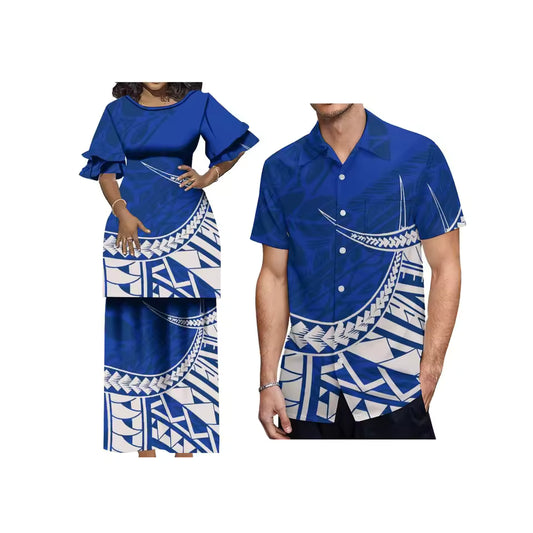 Blue Polynesian Tribal Printed Samoa Matching Outfit For Couple Puletasi Double layer Horn Sleeve Dress Couple Set