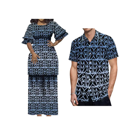 Polynesian Tribal Pattern Printed Matching Outfit For Her Him Polynesian Tribal Crewneck Casual Island Puletasi Double layer Horn Sleeve Dress and Hawaii Shirt