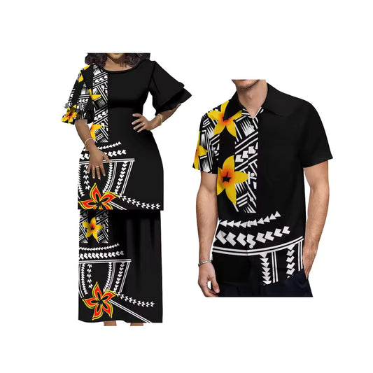 Tropical Matching Outfit For Her Him Polynesian Tribal Crewneck Casual Island Puletasi Double layer Horn Sleeve Dress and Hawaii Shirt Couple Set