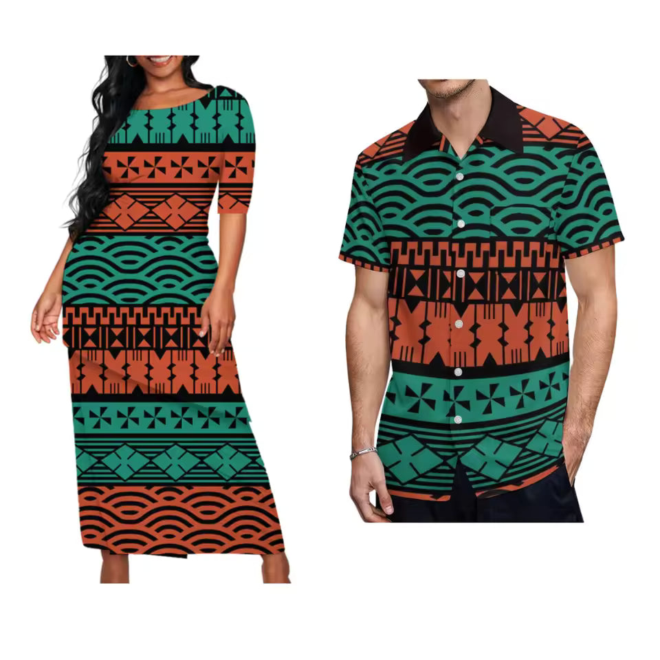 Polynesian Pattern Printed Matching Outfit For Couple Traditional Puletasi Dress And Hawaiian Shirts Party Couple Set For Her Him